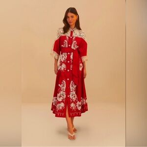 FARM Rio Red Floral Chains Guipure Midi Dress